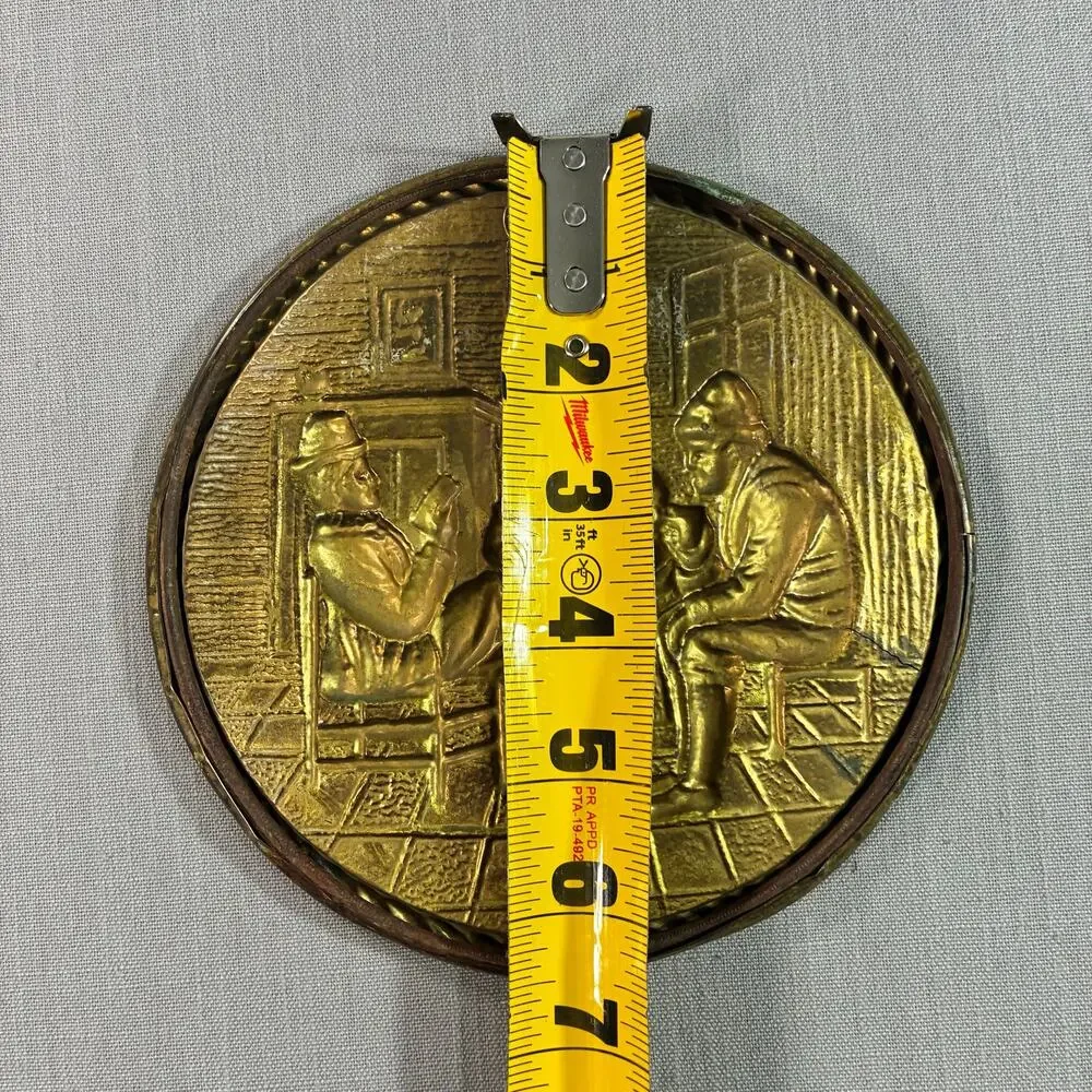 Vintage Embossed Brass Dutch Tavern Scene Wall Plaque 6.5” Folk Art Decor